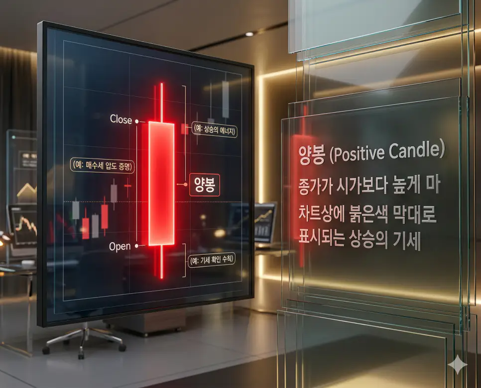 시가 뜻, 호가 뜻, 양봉 뜻: 하루의 출발점과 거래 제안 및 상승 에너지 정리 3 종가가 시가보다 높아 상승의 에너지를 상징하는 붉은색 양봉 캔들이 강조된 차트 실사 이미지