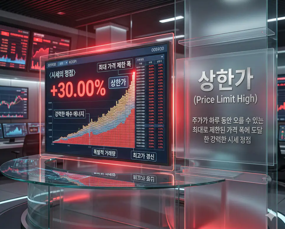 빅테크 뜻, 매몰비용 뜻, 상한가 뜻: 산업 지배력과 의사결정 함정 및 시세 정점 정리 3 강력한 매수세가 응축되어 하루 최대 상승폭에 도달한 상한가 상태를 보여주는 증권사 전광판 배경 실사 이미지