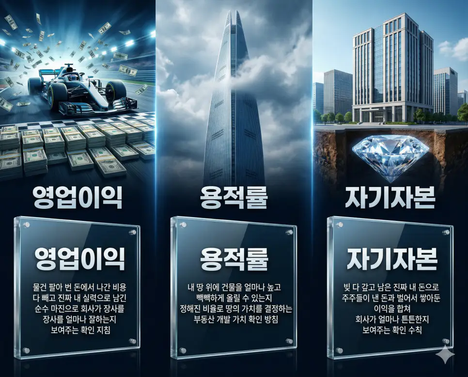 영업이익 뜻, 용적률 뜻, 자기자본 뜻: 본업의 실력과 개발 가치 및 재무 맷집 정리 4 영업이익, 용적률, 자기자본 뜻의 정의와 핵심 분석 아이콘을 세 개의 유리 패널에 정리한 고품격 인포그래픽 실사 이미지