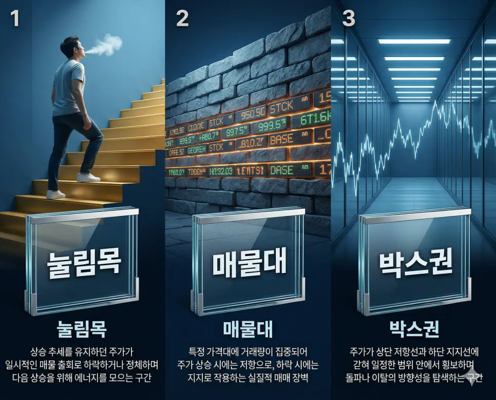 눌림목 뜻, 매물대 뜻, 박스권 뜻: 시세 휴식과 수급 장벽 및 가격 평행선 정리 4 눌림목, 매물대, 박스권 뜻의 정의와 핵심 아이콘을 세 개의 유리 패널에 정리한 고품격 인포그래픽 실사 이미지