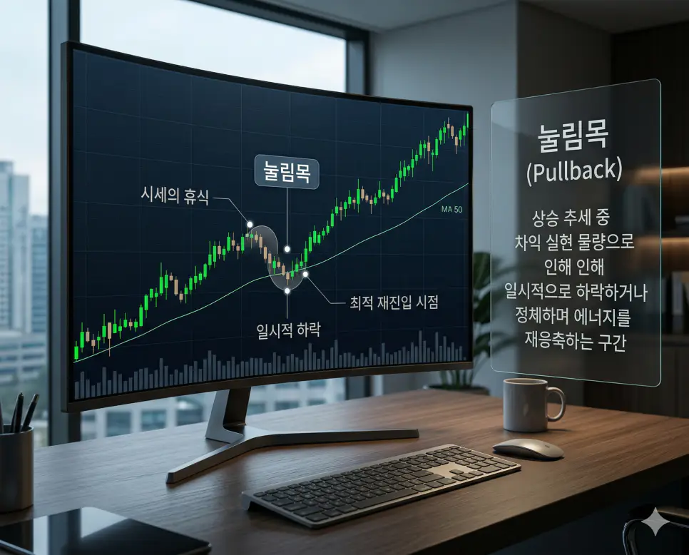 눌림목 뜻, 매물대 뜻, 박스권 뜻: 시세 휴식과 수급 장벽 및 가격 평행선 정리 1 상승 추세 중 일시적으로 주가가 하락하며 에너지를 재응축하는 눌림목 타점을 분석하는 차트 전문가 실사 이미지