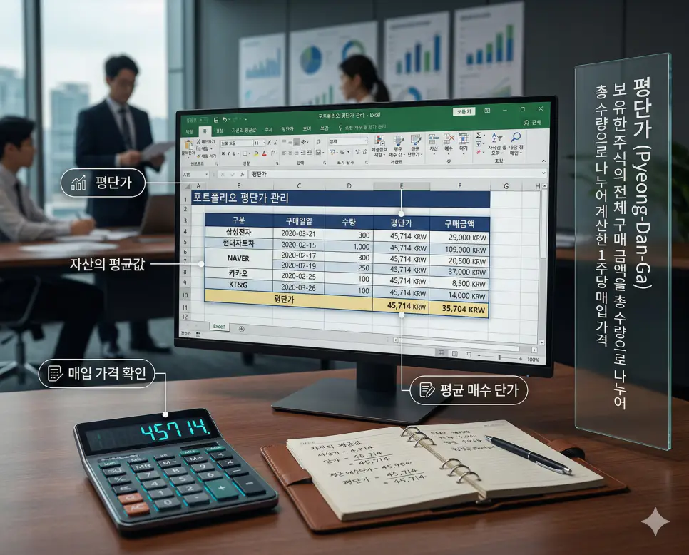 평단가 뜻, 개미털기 뜻, 공매도 뜻: 자산의 평균값과 심리의 흔들기 및 하락의 베팅 정리 1 보유한 자산의 평균 매수 단가를 정밀하게 계산하는 평단가 의미를 시각화한 금융 데이터 배경 실사 이미지