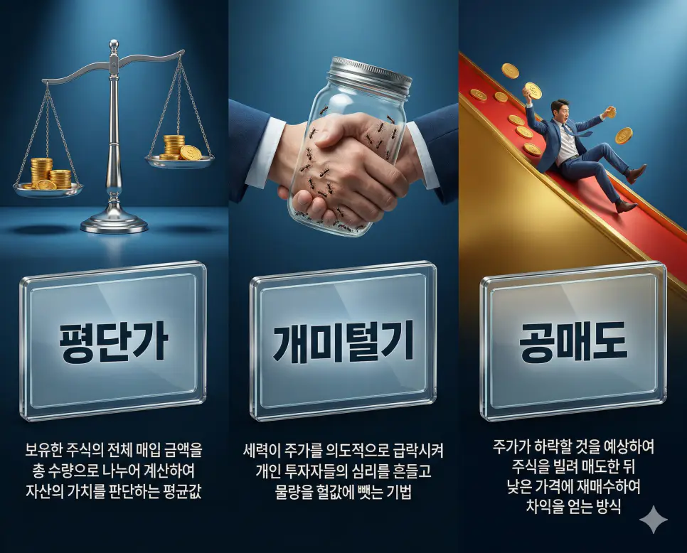 평단가 뜻, 개미털기 뜻, 공매도 뜻: 자산의 평균값과 심리의 흔들기 및 하락의 베팅 정리 4 평단가, 개미털기, 공매도 뜻의 정의와 핵심 아이콘을 세 개의 유리 패널에 정리한 영화 포스터 스타일 인포그래픽