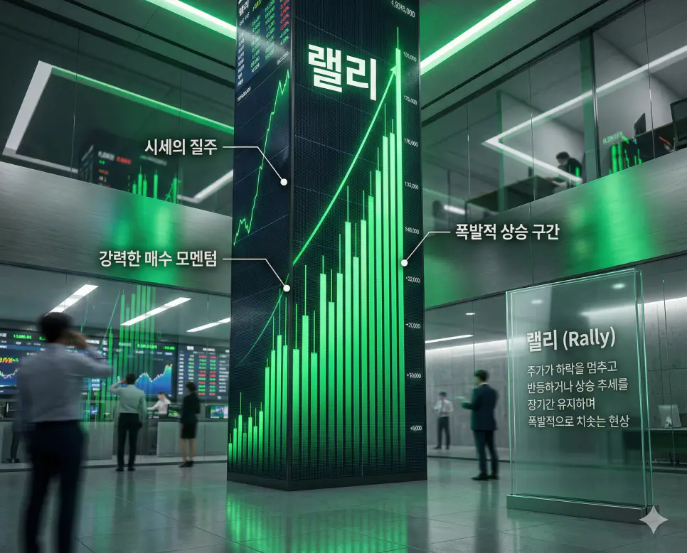 시세가 장기간 폭발적으로 치솟는 강력한 상승장 랠리를 상징하는 증권사 로비의 거대한 전광판 실사 이미지