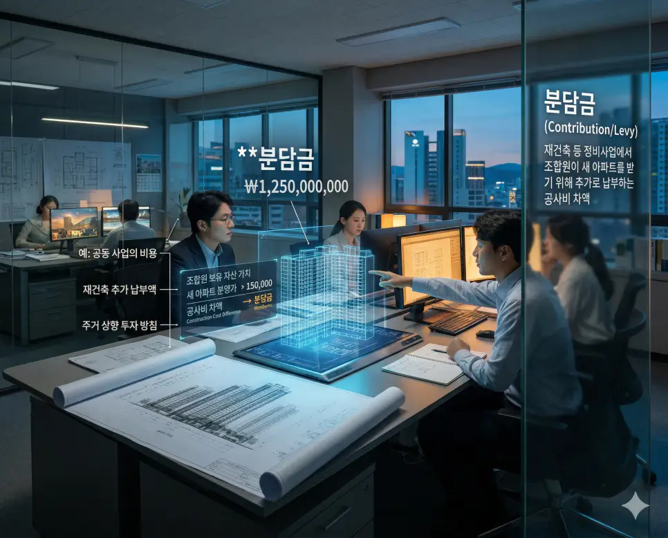 취득세 뜻, 분담금 뜻, 종소세 뜻: 자산 소유권 확보와 정비사업 투자 및 소득 결산 정리 2 재건축 정비사업에서 조합원이 새 아파트를 분양받기 위해 추가로 납부하는 공사비 차액인 분담금 실사 이미지