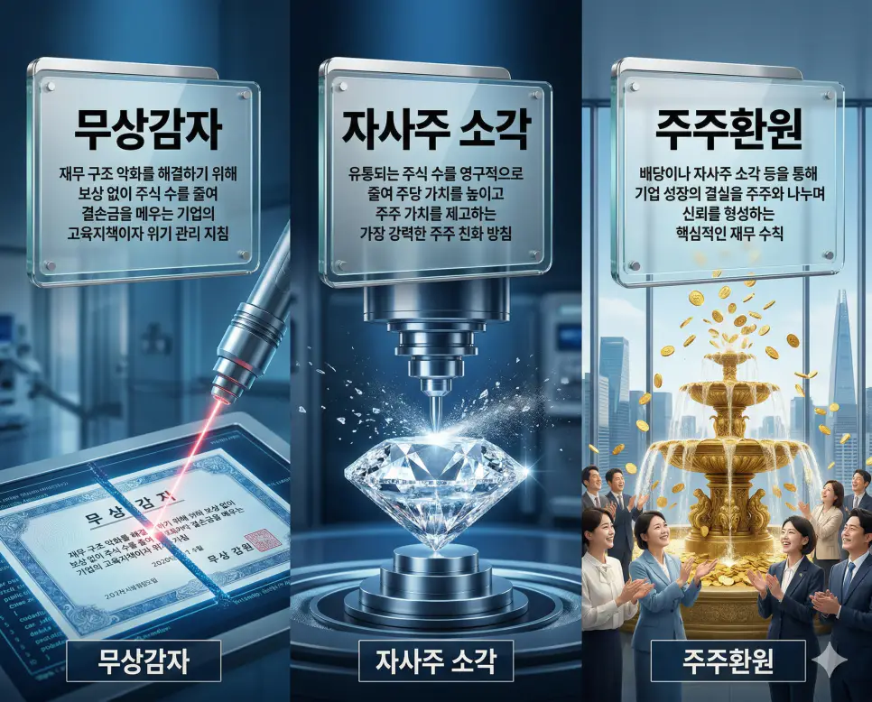 무상감자, 자사주 소각, 주주환원 뜻의 정의와 핵심 아이콘을 세 개의 유리 패널에 정리한 고품격 인포그래픽 실사 이미지