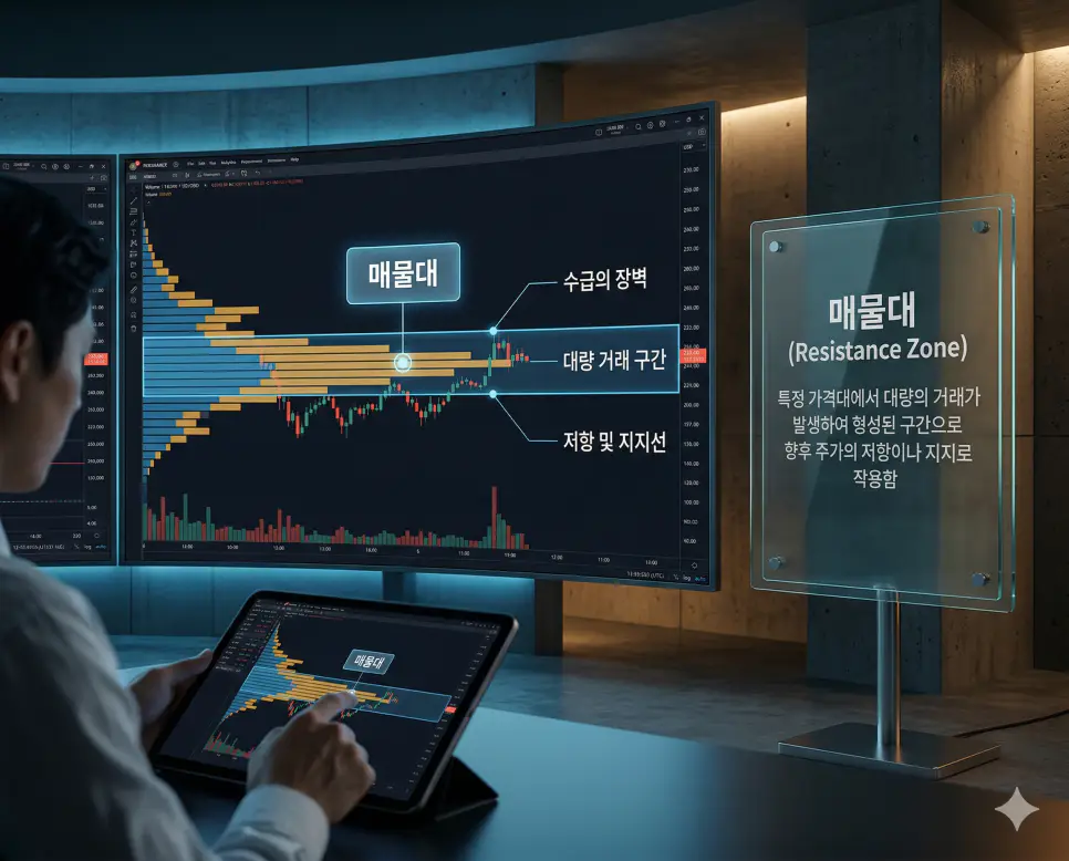 눌림목 뜻, 매물대 뜻, 박스권 뜻: 시세 휴식과 수급 장벽 및 가격 평행선 정리 2 특정 가격대에 거래량이 집중되어 저항이나 지지선 역할을 하는 매물대 구간을 보여주는 거래소 화면 실사 이미지