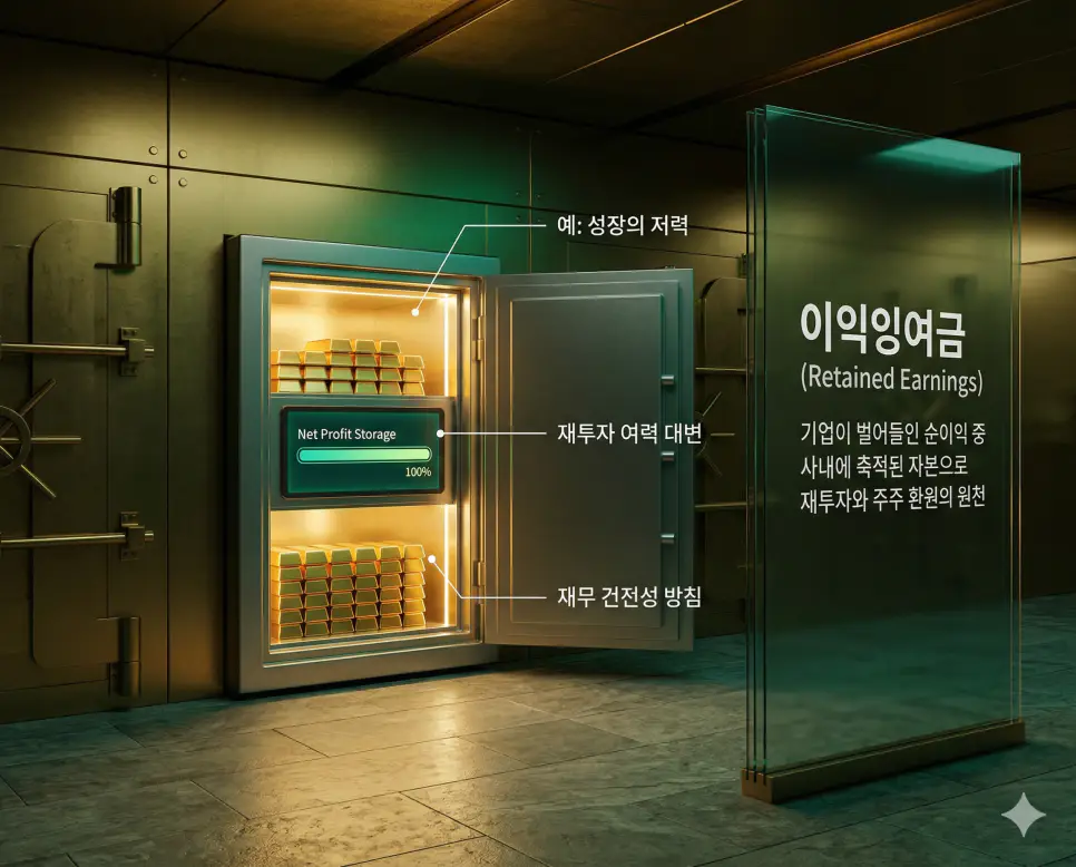 사내에 축적된 순이익을 상징하는 황금빛 금고와 이익잉여금 그래프를 표현한 실사 이미지