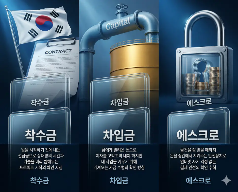 착수금 뜻, 차입금 뜻, 에스크로 뜻: 시작의 약속과 자금 수혈 및 결제 안전핀 정리 4 착수금, 차입금, 에스크로 뜻의 정의와 핵심 상징 아이콘을 세 개의 유리 패널에 정리한 고품격 인포그래픽 실사 이미지