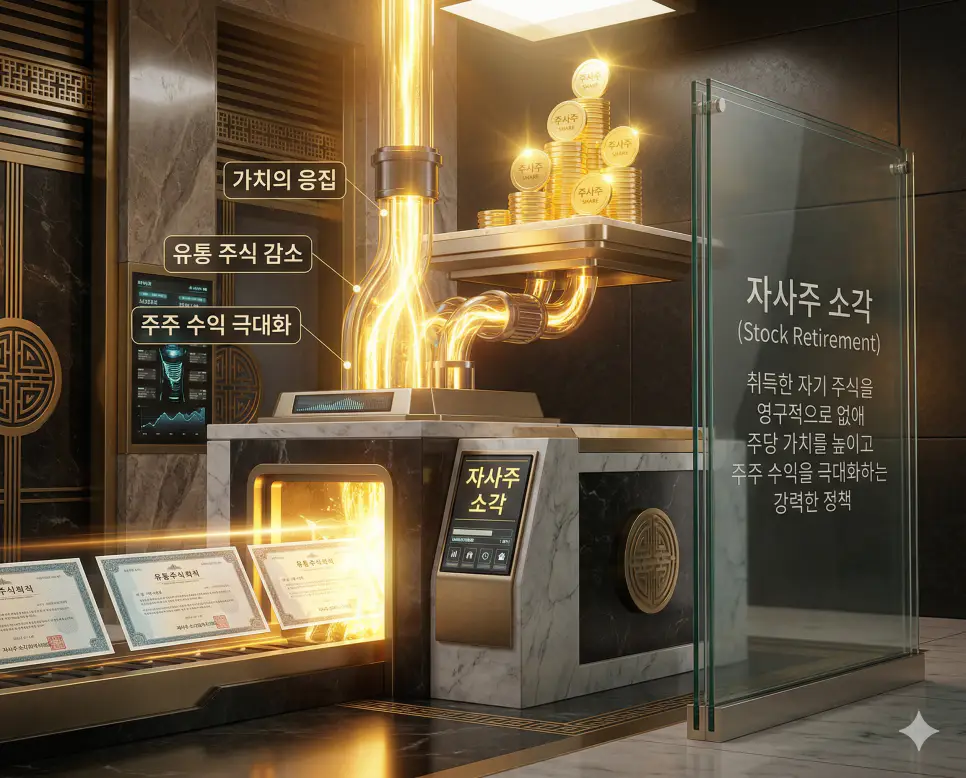 유통 주식 수를 줄여 주당 가치를 극대화하는 주주 친화 정책인 자사주 소각을 상징하는 실사 이미지