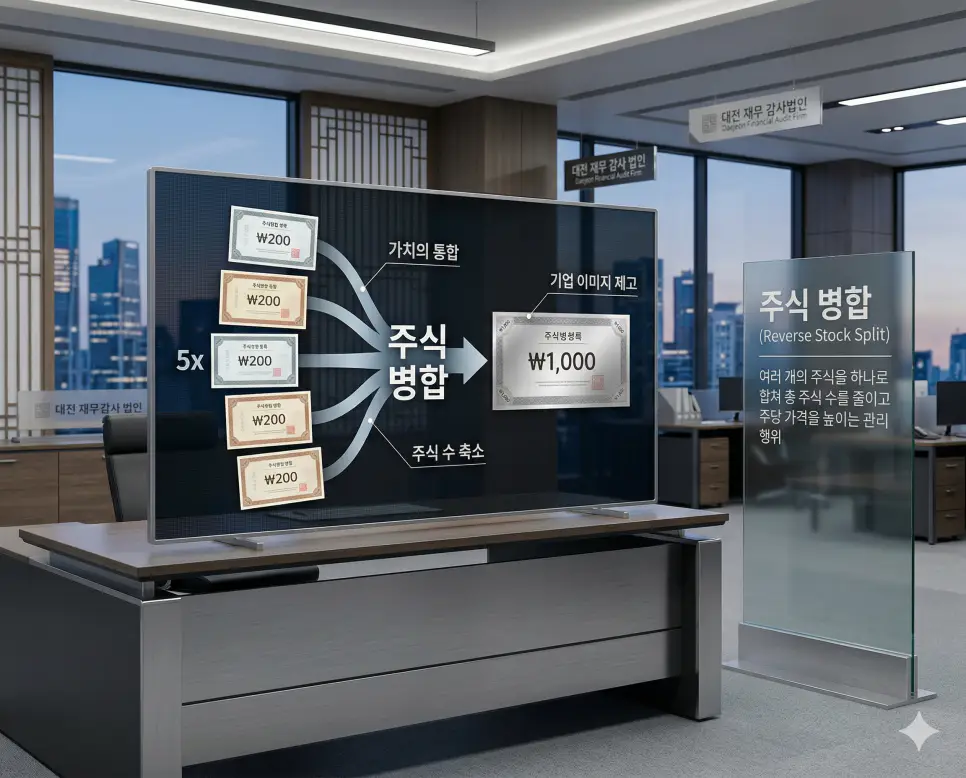 배당주 뜻, 주식 병합 뜻, 유동성 뜻: 이익 분배와 가치 통합 및 거래 원활함 정리 2 여러 주식을 하나로 합쳐 주당 가치를 높이고 기업 이미지를 관리하는 주식 병합 과정을 나타낸 실사 이미지