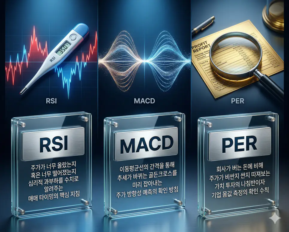 RSI 뜻, MACD 뜻, PER 뜻: 심리 과열과 추세 변화 및 기업 가치 판별 정리 4 RSI, MACD, PER 뜻의 정의와 핵심 분석 아이콘을 세 개의 유리 패널에 정리한 고품격 인포그래픽 실사 이미지