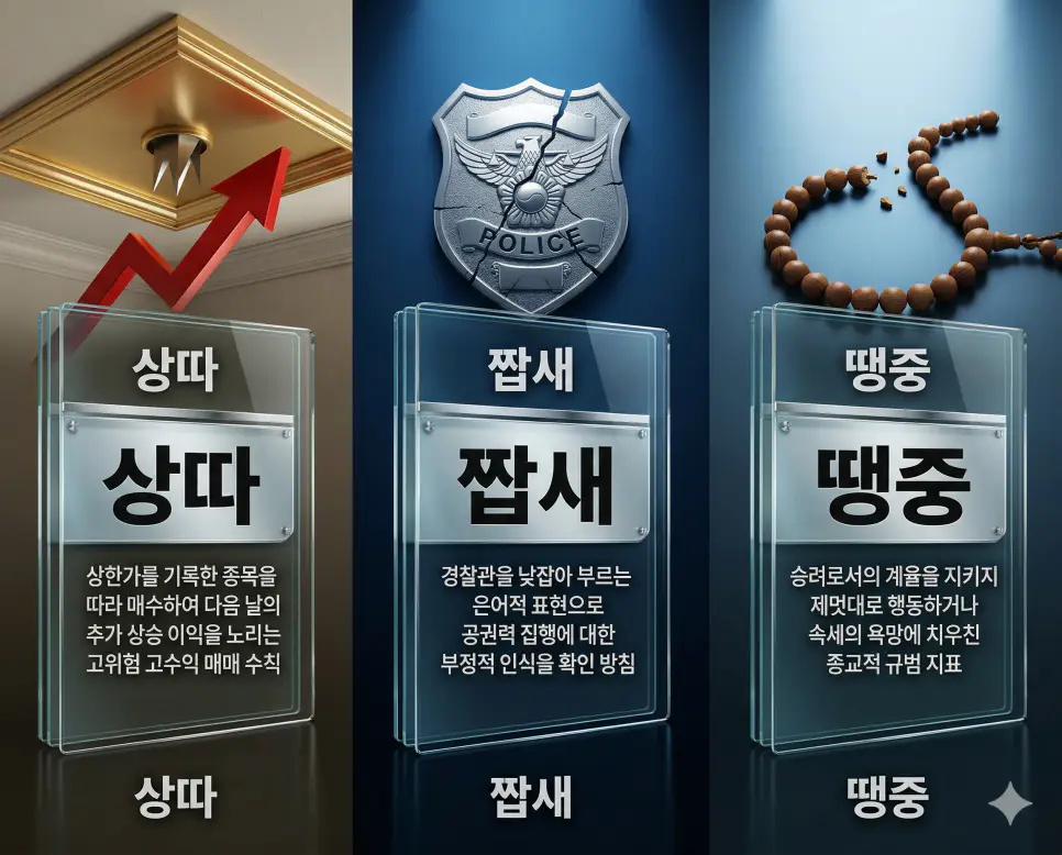 상따 뜻, 짭새 뜻, 땡중 뜻: 수익 추격과 공권력 비하 및 파계의 상징 정리 4 상따, 짭새, 땡중 뜻의 정의와 핵심 아이콘을 세 개의 유리 패널에 정리한 영화 포스터 스타일 인포그래픽