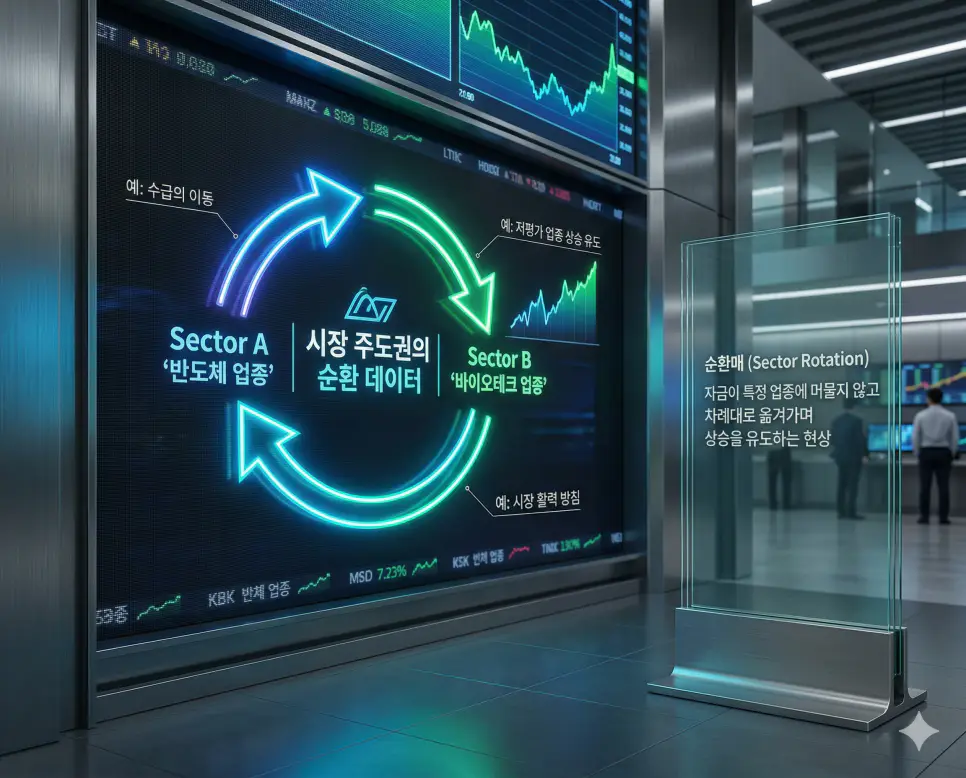 자금이 저평가 업종으로 차례대로 이동하며 시장 활력을 높이는 순환매 현상을 표현한 실사 이미지