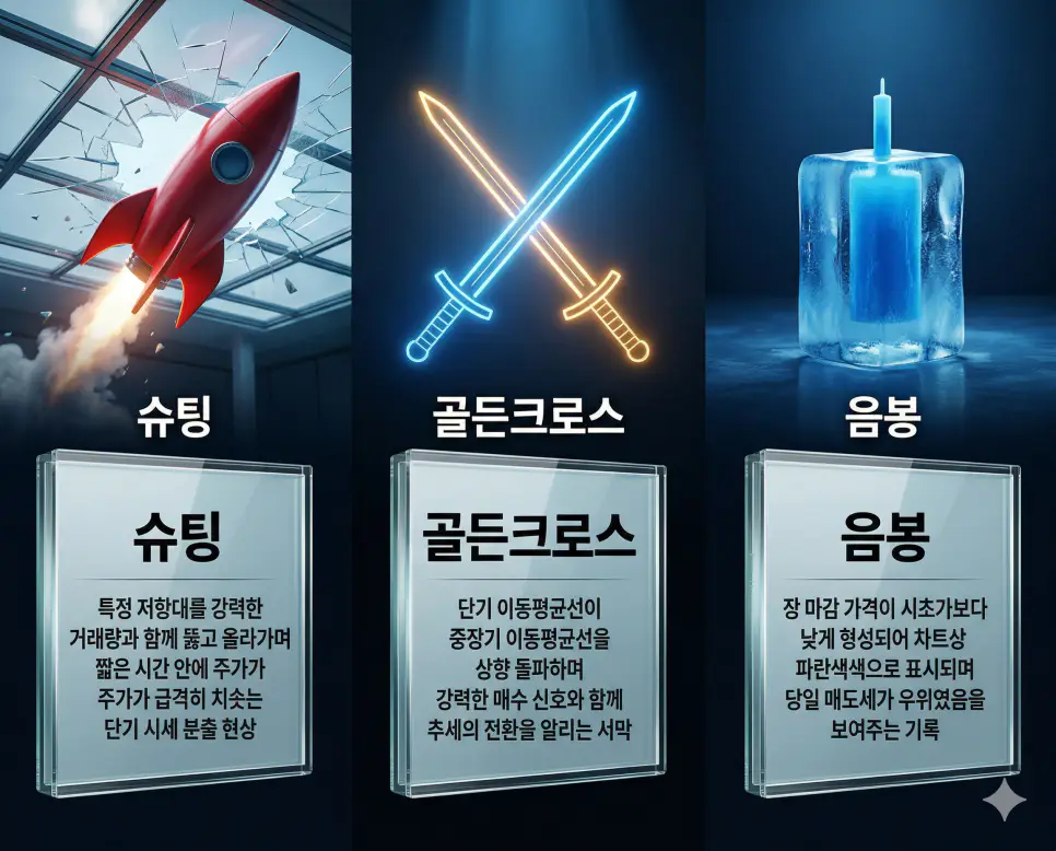 슈팅 뜻, 골든크로스 뜻, 음봉 뜻: 시세 폭발과 상승 서막 및 하락 기록 정리 4 슈팅, 골든크로스, 음봉 뜻의 정의와 핵심 아이콘을 세 개의 유리 패널에 정리한 고품격 인포그래픽 실사 이미지