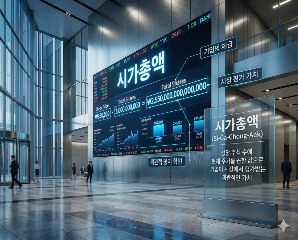 미수금 뜻, 시가총액 뜻, 보호예수 뜻: 단기 자금 운용과 기업의 체급 및 물량의 잠금 정리 2 기업의 시장 평가 가치와 압도적인 덩치를 상징하는 거대한 금융 전광판 배경의 시가총액 실사 이미지