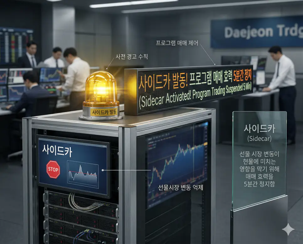 급격한 시장 변동을 제어하기 위해 프로그램 매매를 일시 정지시키는 사이드카 의미를 담은 거래소 배경 실사 이미지