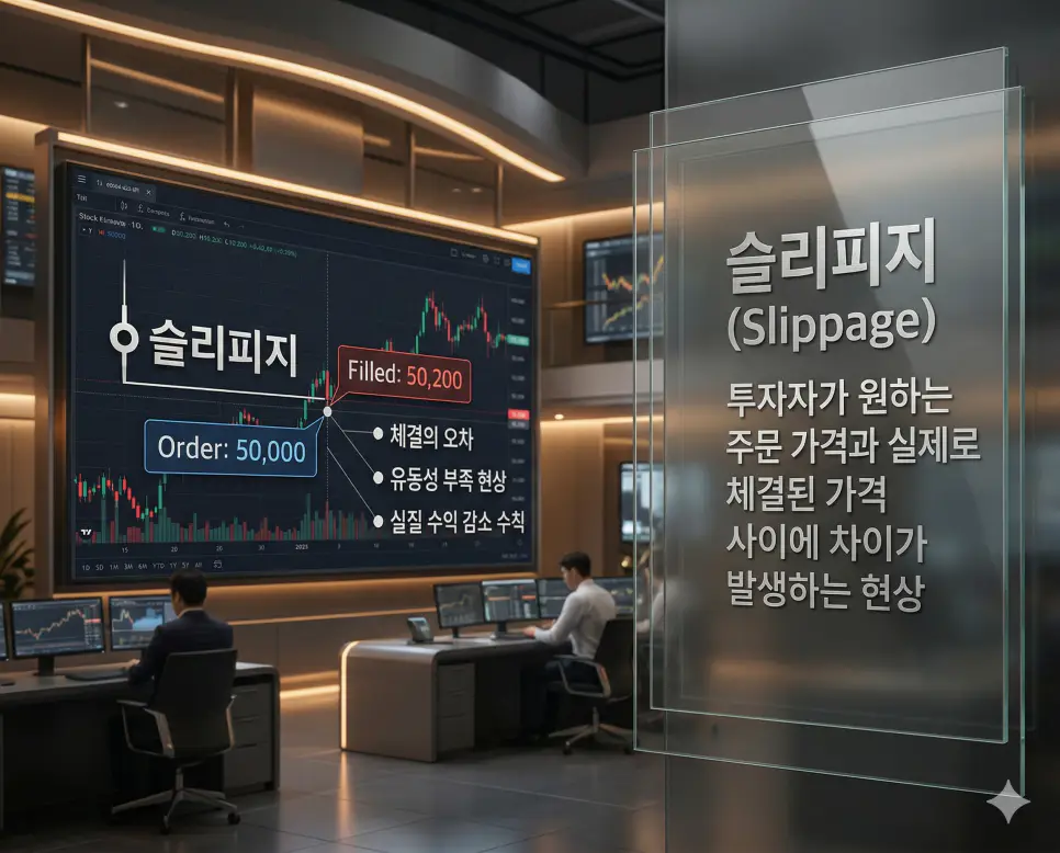 주문 가격과 실제 체결 가격의 차이로 인해 발생하는 슬리피지 현상을 보여주는 트레이딩 차트 실사 이미지