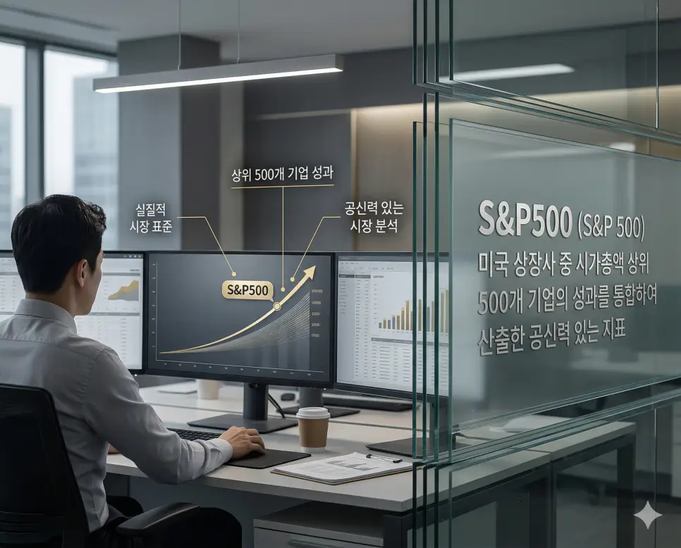 기관 투자자들의 실질적인 시장 표준이자 공신력 있는 S&P500 지수를 설명하는 전문 자산 운용사 분석 화면 실사 이미지