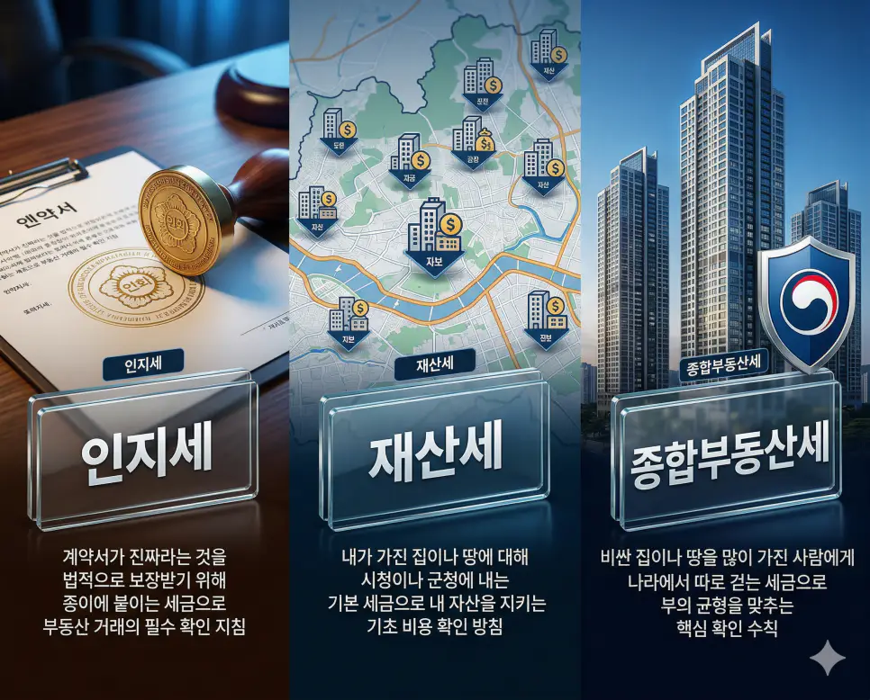 인지세 뜻, 재산세 뜻, 종합부동산세 뜻: 문서 세금과 보유 및 고가 부동산 세제 정리 4 인지세, 재산세, 종합부동산세 뜻의 정의와 핵심 상징 아이콘을 세 개의 유리 패널에 정리한 고품격 인포그래픽 실사 이미지