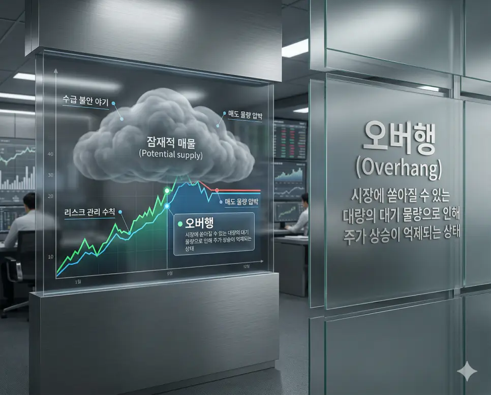 주가 상승을 억제하는 잠재적 대량 매기 물량인 오버행 리스크를 분석하는 투자 전문가의 실사 이미지