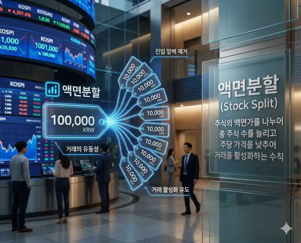 유상증자 뜻, 무상증자 뜻, 액면분할 뜻: 자본 수급과 가치 재배분 및 유동성 정리 3 주당 가격을 낮추고 주식 수를 늘려 거래 유동성을 높이는 액면분할의 원리를 표현한 실사 이미지