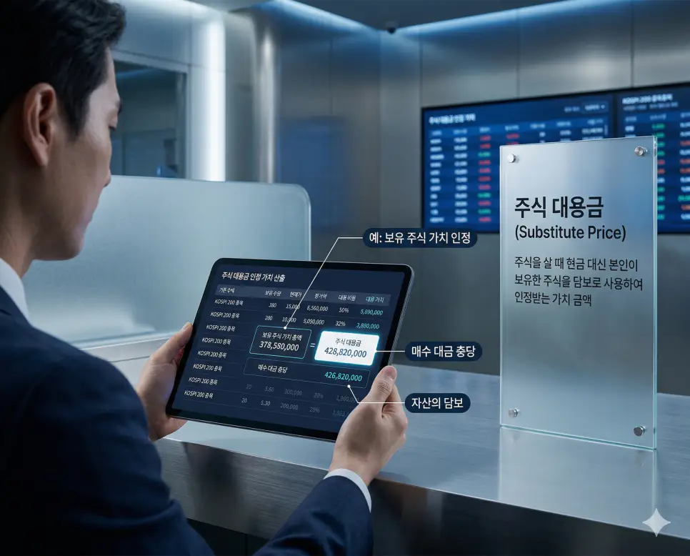 보유한 주식을 담보로 인정받아 매수 자금으로 활용하는 주식 대용금의 원리를 설명하는 실사 이미지