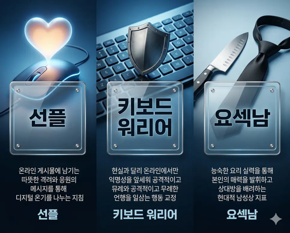 선플 뜻, 키보드 워리어 뜻, 요섹남 뜻: 디지털 온기와 가상의 투사 및 요리하는 매력 정리 4 선플, 키보드 워리어, 요섹남 뜻의 정의와 핵심 아이콘을 세 개의 유리 패널에 정리한 영화 포스터 스타일 인포그래픽