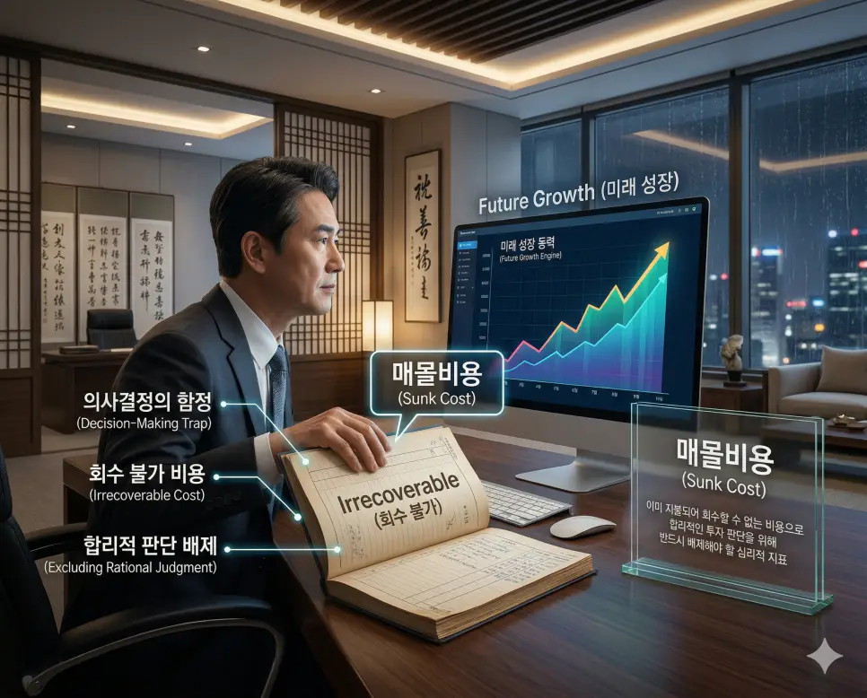 빅테크 뜻, 매몰비용 뜻, 상한가 뜻: 산업 지배력과 의사결정 함정 및 시세 정점 정리 2 이미 발생하여 회수할 수 없는 매몰비용의 함정을 무시하고 합리적인 선택을 고민하는 의사결정 순간의 실사 이미지