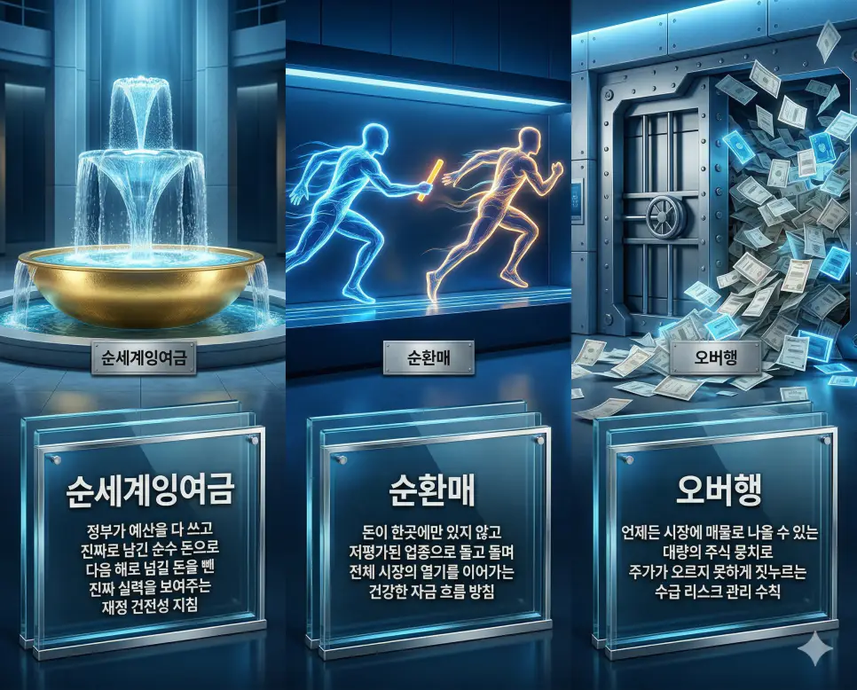 순세계잉여금, 순환매, 오버행 뜻의 정의와 핵심 아이콘을 세 개의 유리 패널에 정리한 고품격 인포그래픽 실사 이미지