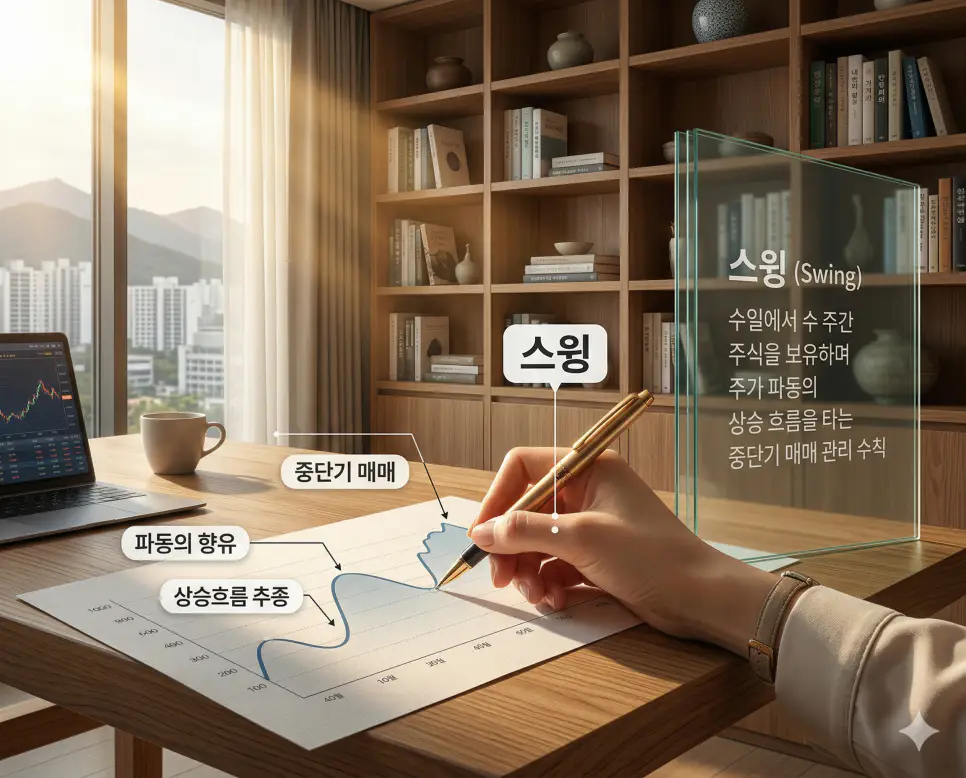 뇌동매매 뜻, 스윙 뜻, 물타기 뜻: 주관의 결여와 파동의 향유 및 손실의 희석 정리 2 주가의 파동을 이용해 수일 이상 보유하며 수익을 노리는 스윙 매매의 전략적인 모습을 담은 실사 이미지
