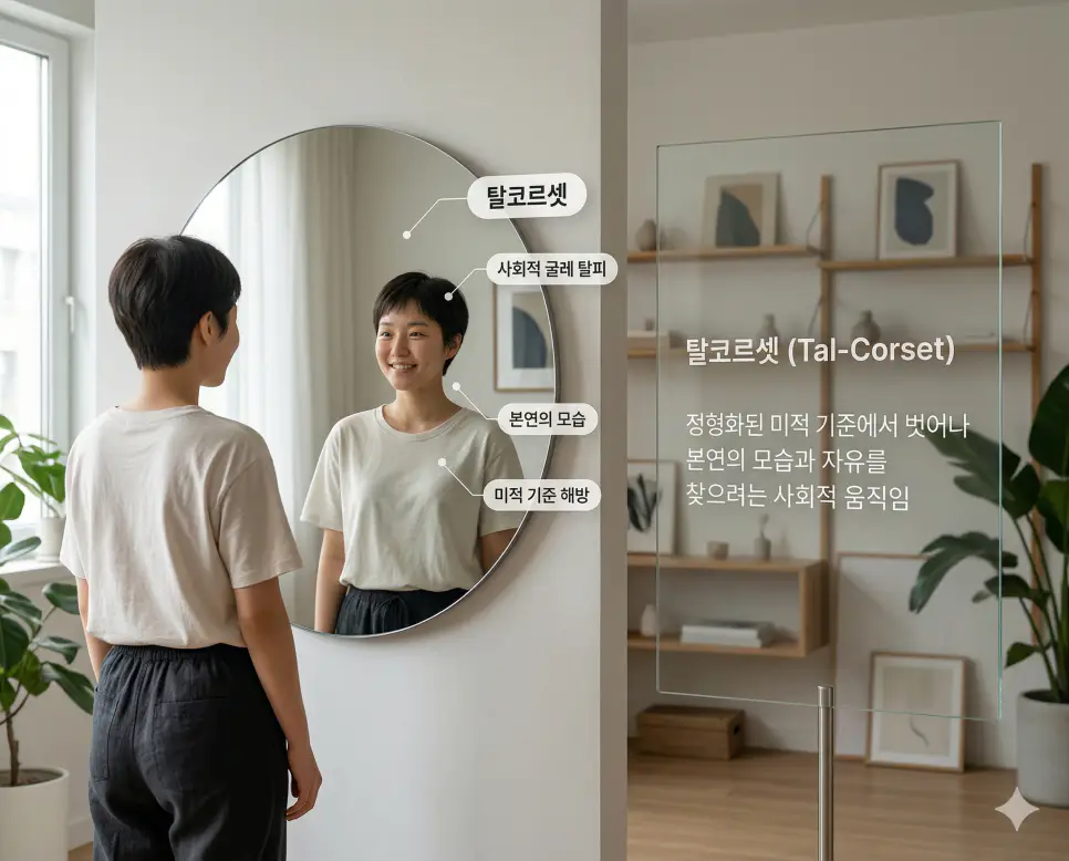 사회적 미적 기준에서 벗어나 본연의 자유를 찾은 모습과 탈코르셋 의미를 담은 실사 이미지