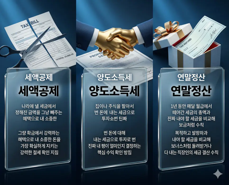 세액공제 뜻, 양도소득세 뜻, 연말정산 뜻: 세금 직접 차감과 자산 매각 및 1년 결산 정리 4 세액공제, 양도소득세, 연말정산 뜻의 정의와 핵심 분석 아이콘을 세 개의 유리 패널에 정리한 고품격 인포그래픽 실사 이미지