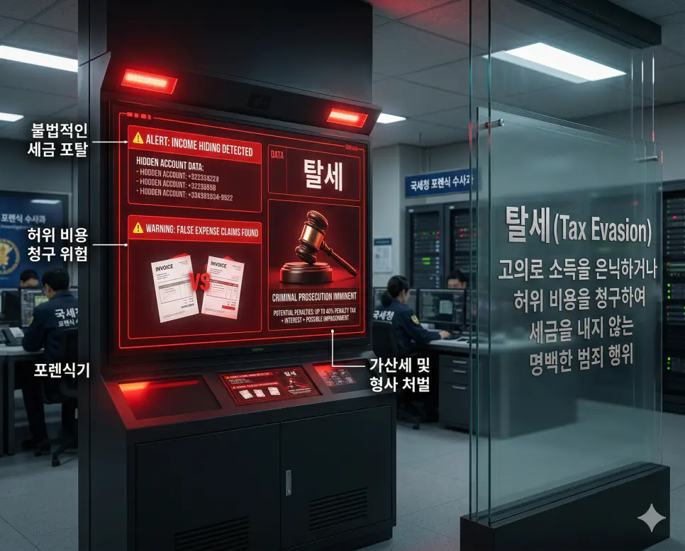 비과세 뜻, 절세 뜻, 탈세 뜻: 세금 면제와 합법적 절약 및 불법 포탈 차이 정리 3 고의적인 소득 은닉이나 허위 청구로 세금을 포탈하여 법적 처벌 대상이 되는 탈세의 위험성을 경고하는 실사 이미지