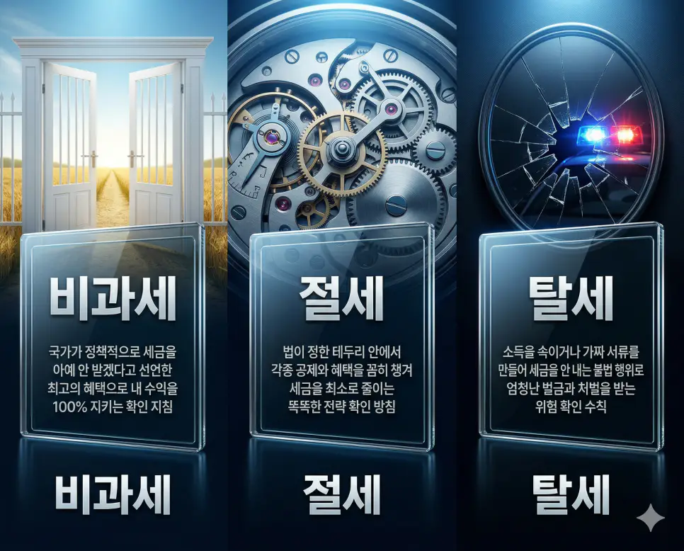 비과세 뜻, 절세 뜻, 탈세 뜻: 세금 면제와 합법적 절약 및 불법 포탈 차이 정리 4 비과세, 절세, 탈세 뜻의 정의와 핵심 상징 아이콘을 세 개의 유리 패널에 정리한 고품격 인포그래픽 실사 이미지