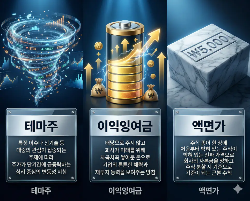 테마주, 이익잉여금, 액면가 뜻의 정의와 핵심 아이콘을 세 개의 유리 패널에 정리한 고품격 인포그래픽 실사 이미지