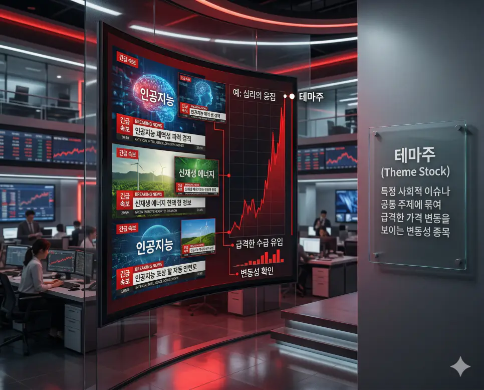 특정 이슈에 반응해 급격한 변동성을 보이는 테마주 차트와 뉴스 화면을 시각화한 실사 이미지