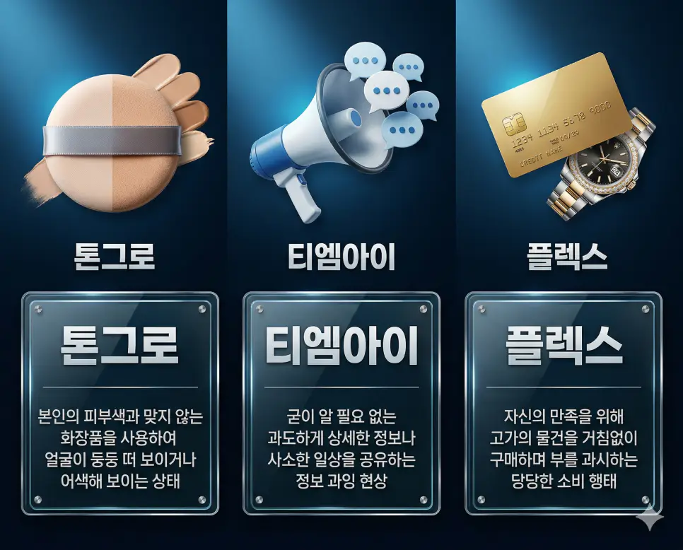 톤그로 뜻, 티엠아이 뜻, 플렉스 뜻: 뷰티 부조화와 정보의 과잉 및 과감한 소비 정리 4 톤그로, 티엠아이, 플렉스 뜻의 정의와 핵심 아이콘을 세 개의 유리 패널에 정리한 영화 포스터 스타일 인포그래픽