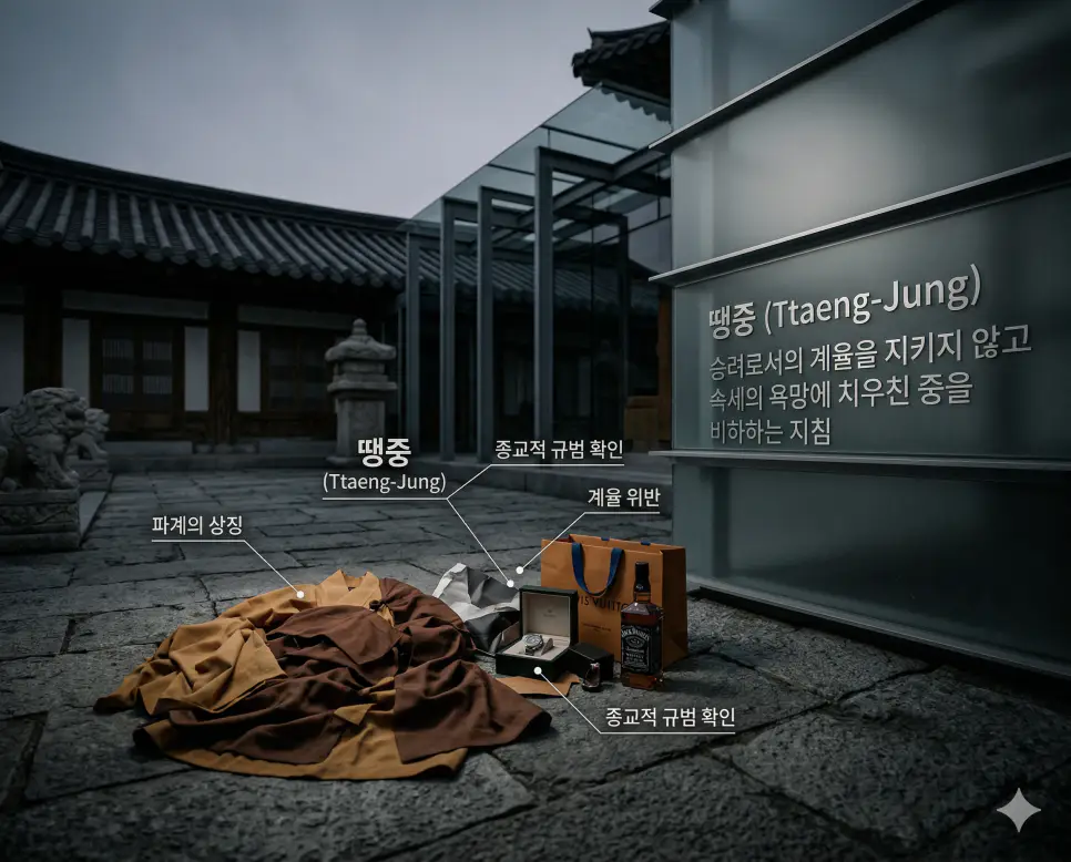 상따 뜻, 짭새 뜻, 땡중 뜻: 수익 추격과 공권력 비하 및 파계의 상징 정리 3 계율을 어기고 속세의 욕망을 쫓는 땡중 뜻을 설명하는 버려진 승려복과 화려한 물품 대비 실사 이미지