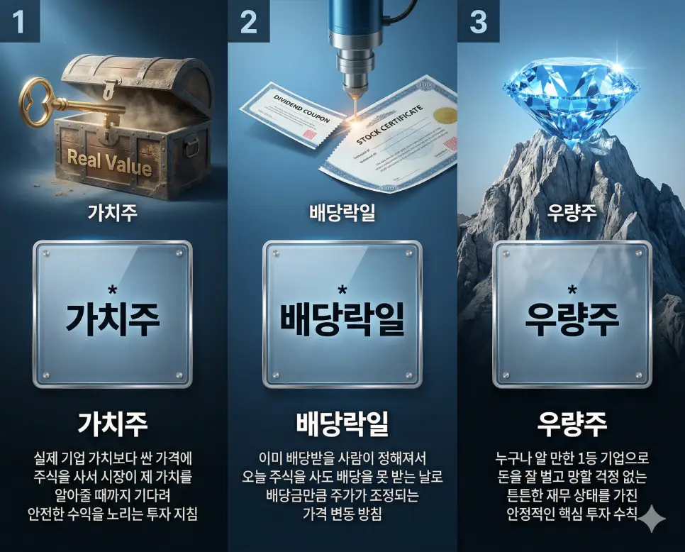 가치주, 배당락일, 우량주 뜻의 정의와 핵심 아이콘을 세 개의 유리 패널에 정리한 고품격 인포그래픽 실사 이미지