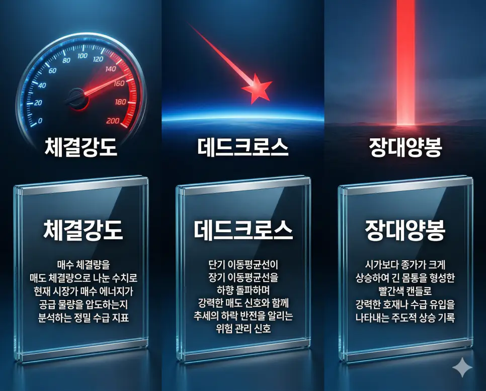체결강도, 데드크로스, 장대양봉 뜻의 정의와 핵심 아이콘을 세 개의 유리 패널에 정리한 고품격 인포그래픽 실사 이미지