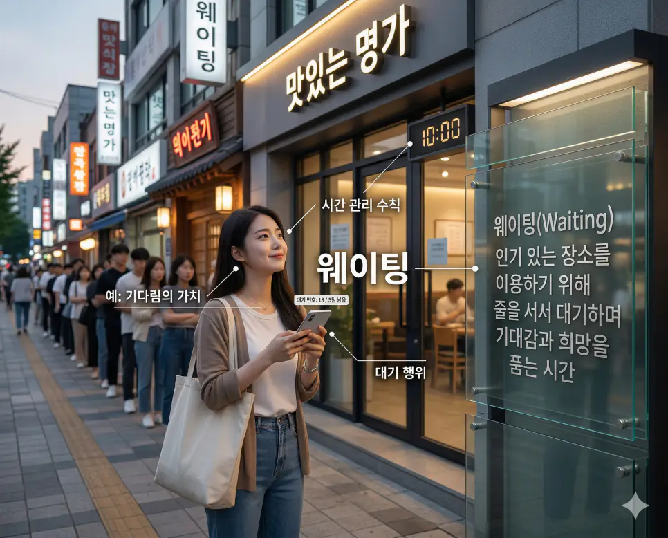 방구석 여포 뜻, 밀키트 뜻, 웨이팅 뜻: 가상의 위세와 미식의 간소화 및 기다림의 가치 정리 3 인기 장소에 입장하기 위해 설레는 마음으로 줄을 서서 기다리는 웨이팅 행위를 상징하는 실사 이미지