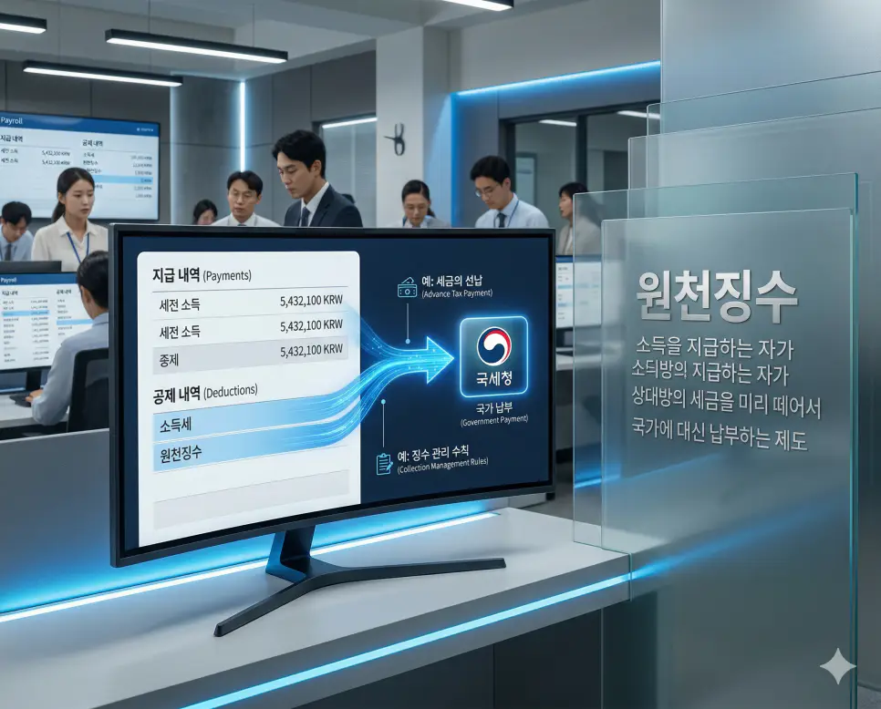 부가가치세 뜻, 과세표준 뜻, 원천징수 뜻: 소비의 세금과 계산 기준 및 선납 제도 정리 3 소득 지급 시 세금을 미리 떼어 국가에 대납하여 납세 편의를 돕는 원천징수 시스템 실사 이미지