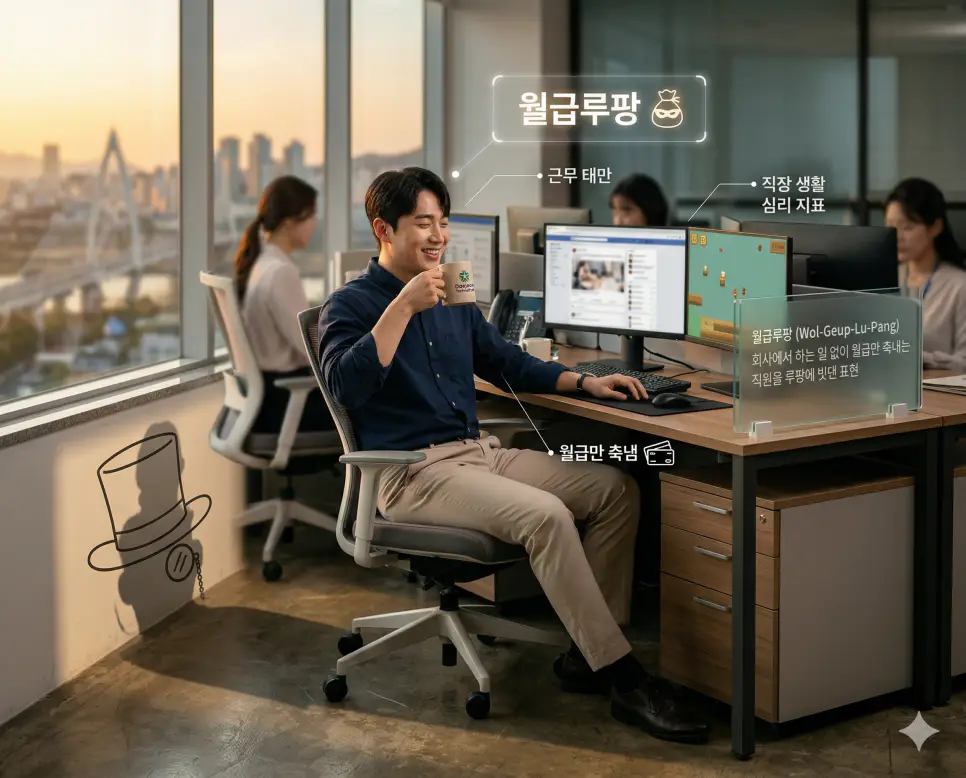 월급루팡 뜻, 윙스 뜻, 이선좌 뜻: 근무 태만과 비상의 상징 및 예매의 장벽 정리 1 커피를 마시며 쉬는 직장인의 그림자와 괴도 루팡 아이콘으로 월급루팡 뜻을 시각화한 실사 이미지
