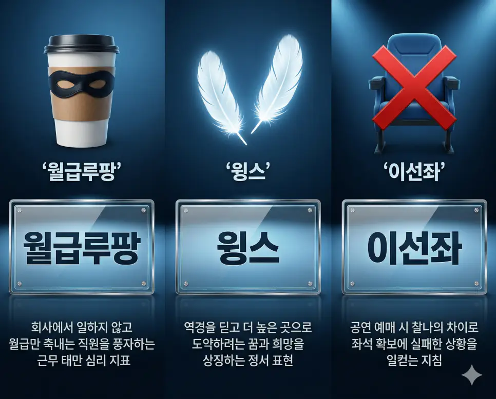 월급루팡 뜻, 윙스 뜻, 이선좌 뜻: 근무 태만과 비상의 상징 및 예매의 장벽 정리 4 월급루팡, 윙스, 이선좌 뜻의 정의와 핵심 아이콘을 세 개의 유리 패널에 정리한 영화 포스터 스타일 인포그래픽