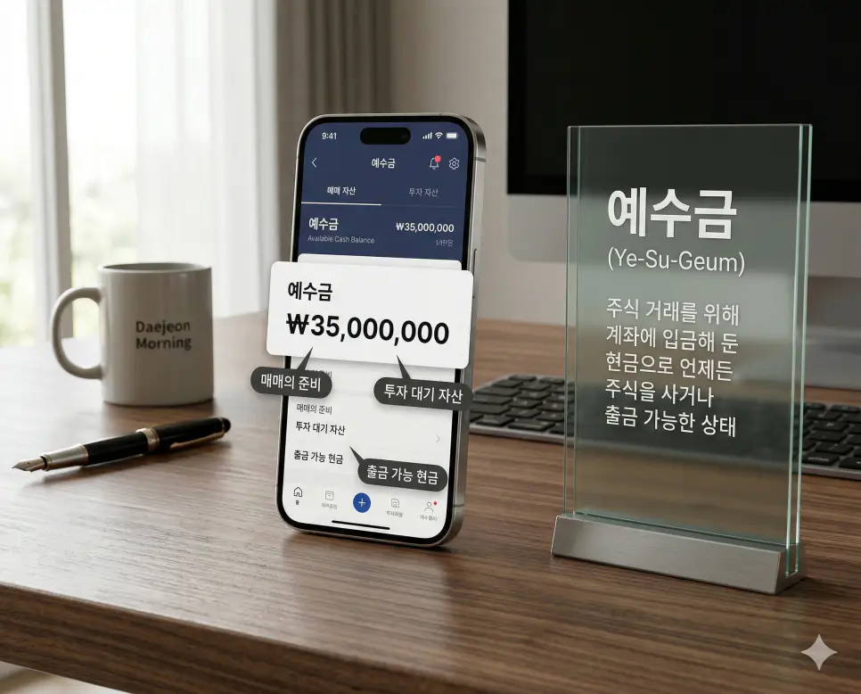 언제든 주식을 사기 위해 준비된 현금 자산인 예수금 뜻을 설명하는 스마트폰 뱅킹 화면 배경 실사 이미지