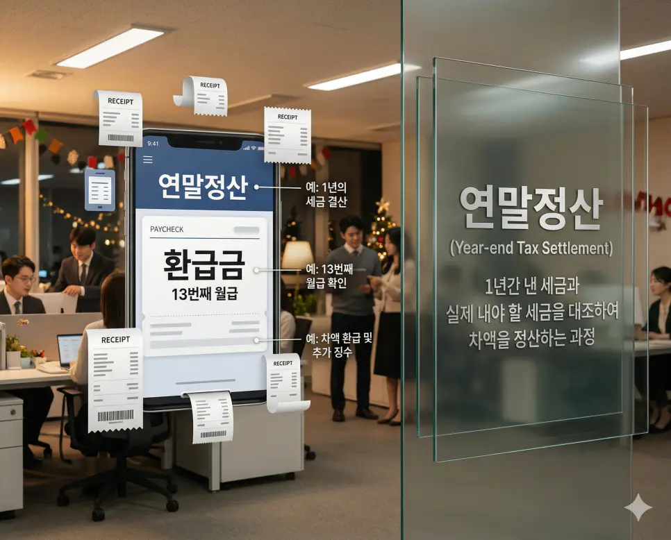 세액공제 뜻, 양도소득세 뜻, 연말정산 뜻: 세금 직접 차감과 자산 매각 및 1년 결산 정리 3 1년간의 소득세 납부액을 정산하여 환급금을 확인하는 직장인의 연말정산 과정을 시각화한 실사 이미지