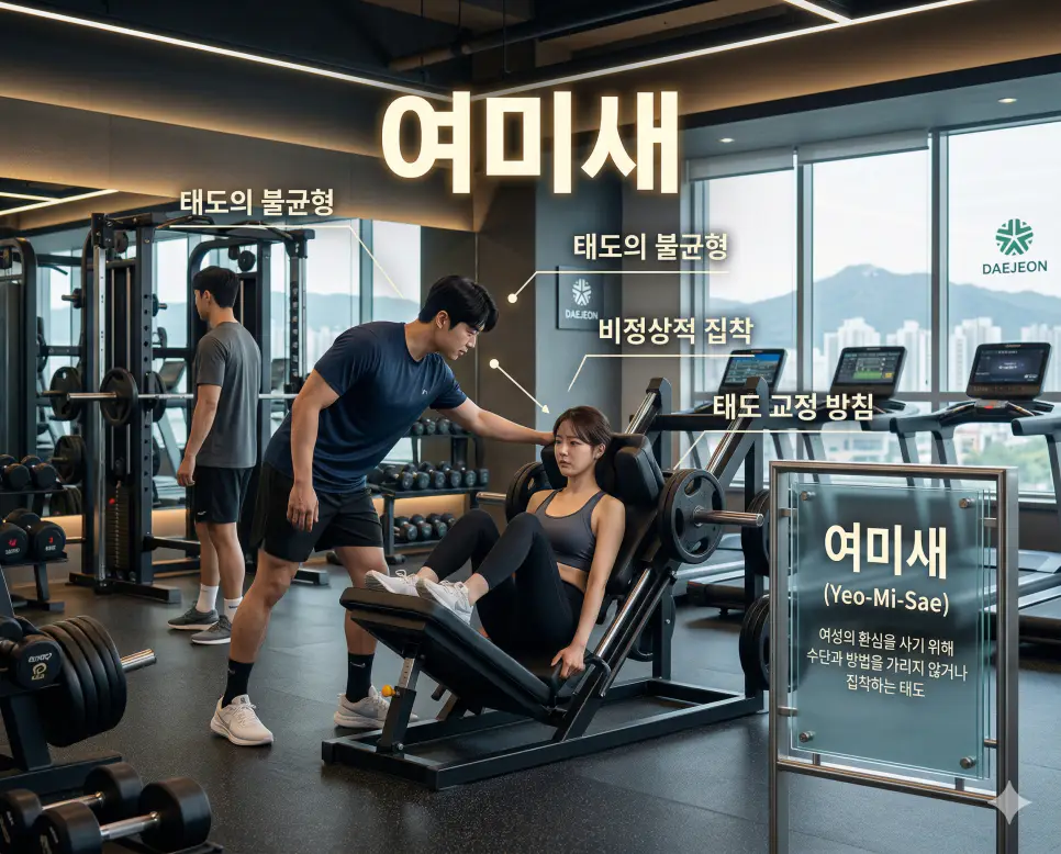 여성의 환심을 사기 위해 비정상적으로 집착하는 태도와 여미새 의미를 시각화한 실사 이미지