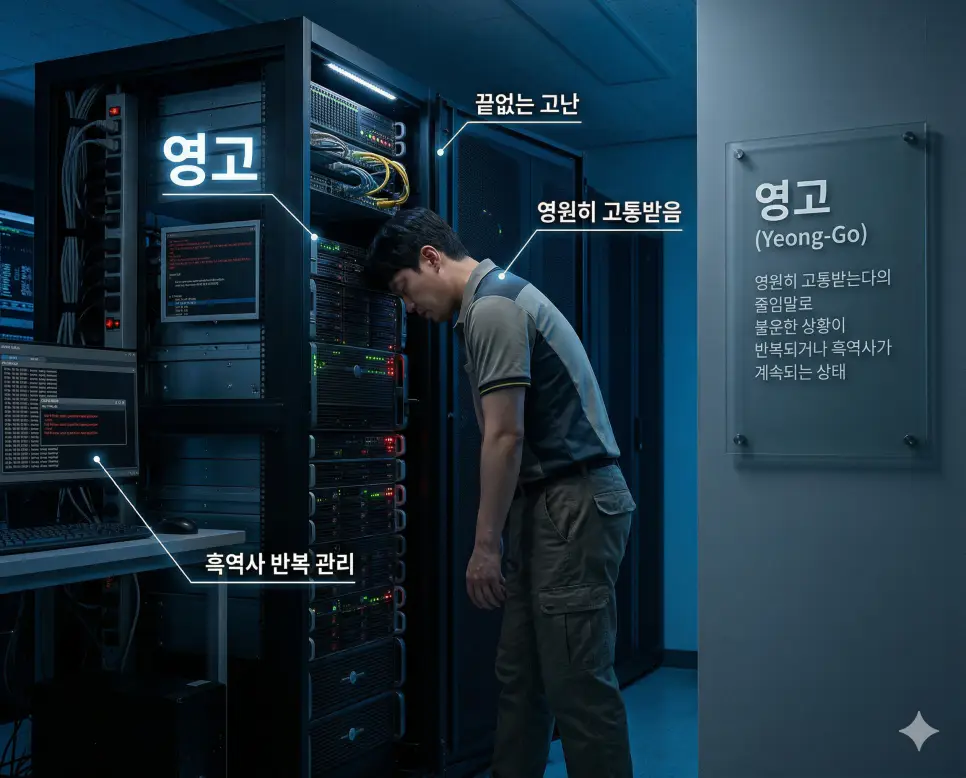 헬조선 뜻, 영고 뜻, 예지앞사 뜻: 사회적 불평등과 끝없는 고난 및 변치 않는 마음 정리 2 영고 뜻을 통해 불운한 상황이 반복되거나 흑역사가 계속 회자되는 끝없는 고난의 상태 관리 수칙을 시각화한 서버실 실사 이미지