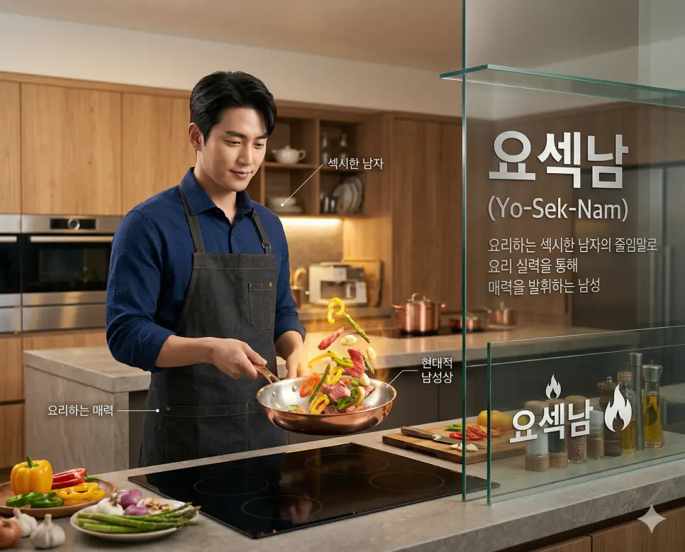 선플 뜻, 키보드 워리어 뜻, 요섹남 뜻: 디지털 온기와 가상의 투사 및 요리하는 매력 정리 3 능숙한 요리 실력을 발휘하며 매력을 드러내는 요섹남 의미를 담은 고급스러운 오픈 주방 배경 실사 이미지
